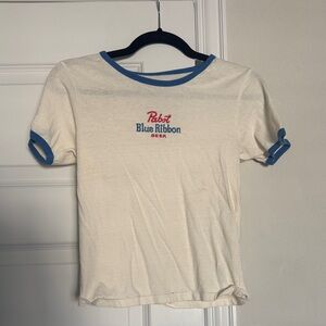 Pabst Blue Ribbon Beer Cream Short-Sleeve Ringer Tee with Blue Trim
